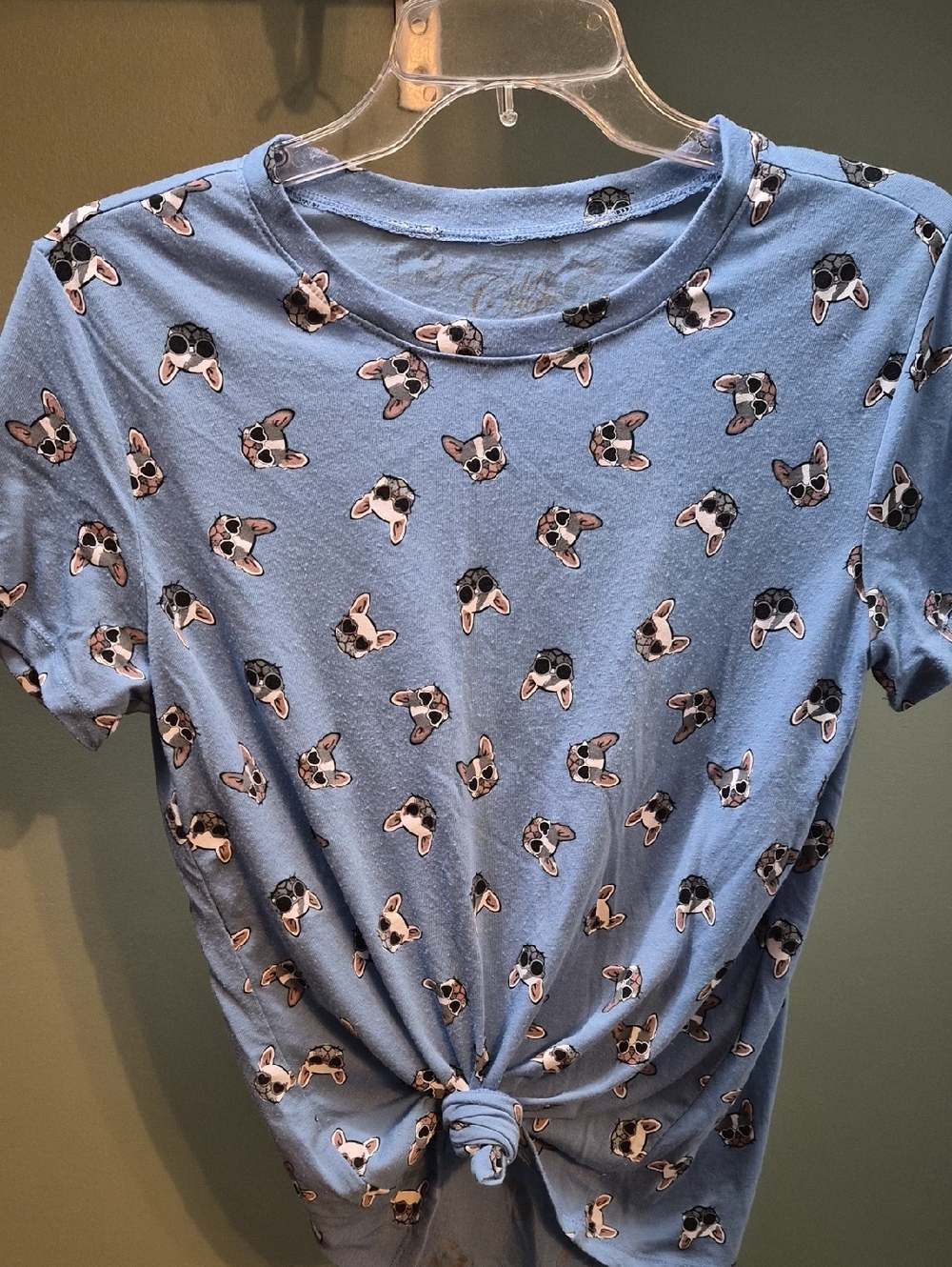 Blue French Bulldog Print Knot-Front Tee